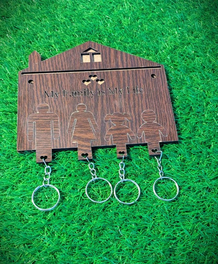 Wall Hanging Keychain Holder with 4 Family Member Keychains -(P1)
